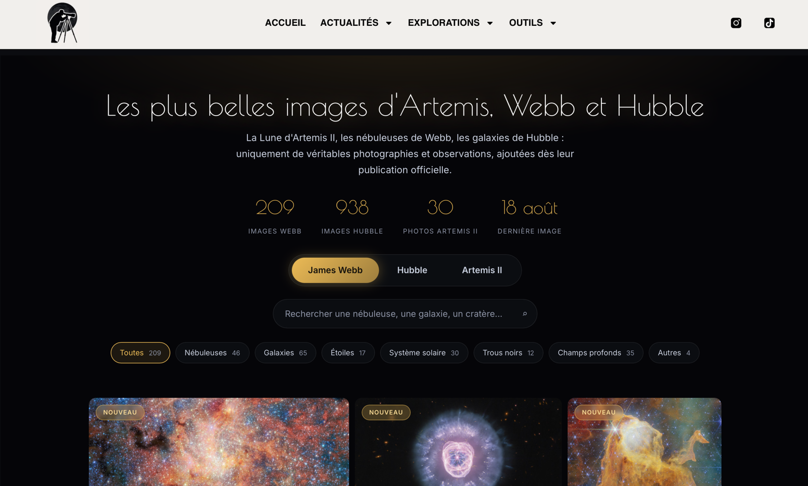 Galerie des images d'Artemis, Webb et Hubble